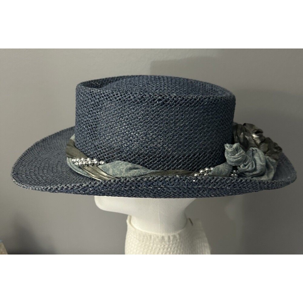 Womens USA Made Blue Straw Hat Beaded Braided Knotted Band Fedora Church Hat EUC